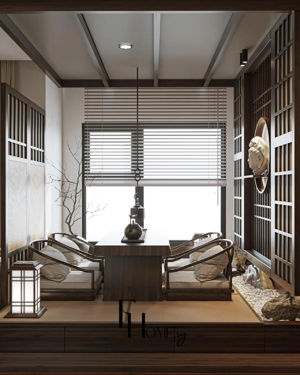 Bàn trà gỗ cùng ghế tựa có đệm đặt trên chiếu tatami cạnh cửa sổ