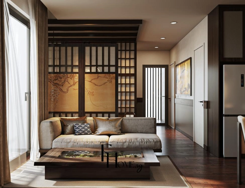 Sofa thấp đặt trước vách Shoji tấm mờ trong phòng khách căn hộ Zen