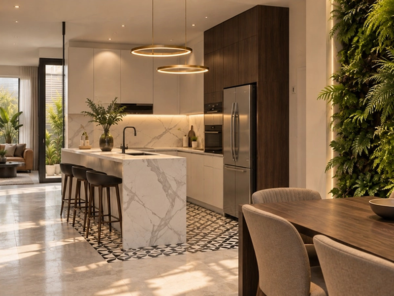 Đảo bếp đá trắng vân xám với ghế bar, nhìn sang bàn ăn gỗ và tường cây xanh