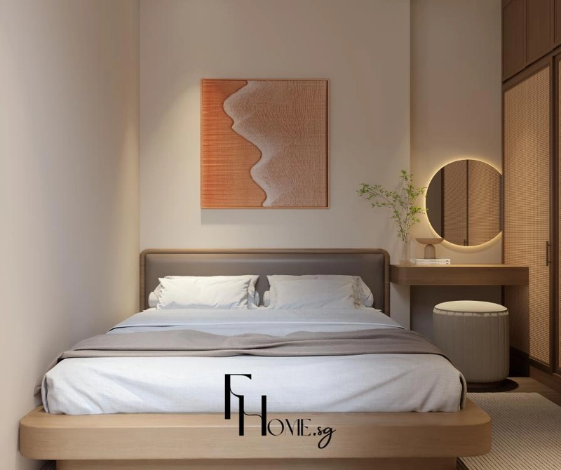 Giường bục có đầu giường xám nâu và bức tranh màu cam đất