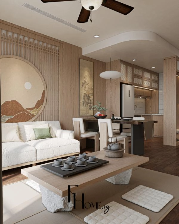 Bàn ăn gỗ dài và đèn giấy thả thấp cạnh sofa trong phòng khách mở