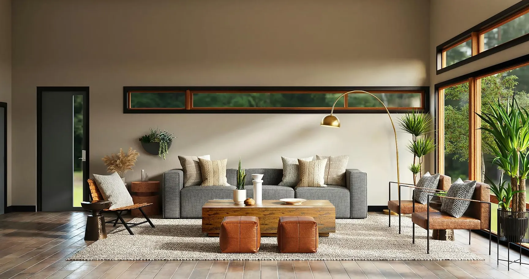 Phòng khách hiện đại với sofa xám, bàn trà gỗ và cửa kính lớn đón sáng tự nhiên