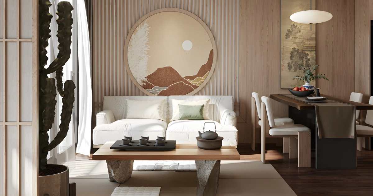 Phòng khách phong cách Nhật Bản với sofa trắng, bàn trà gỗ thấp và tranh tròn trang trí, thiết kế bởi FHome Sài Gòn