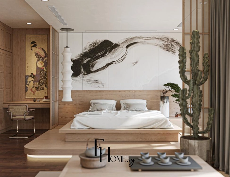 Giường bệt đặt trước tranh thủy mặc cạnh đèn giấy trong khu ngủ