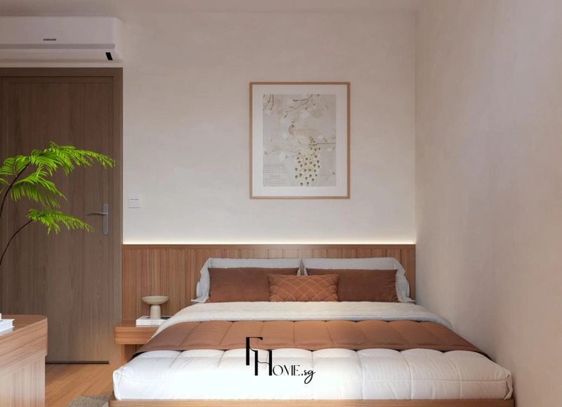 Giường bục sát vách ốp nan gỗ có đèn hắt và tranh treo đầu giường