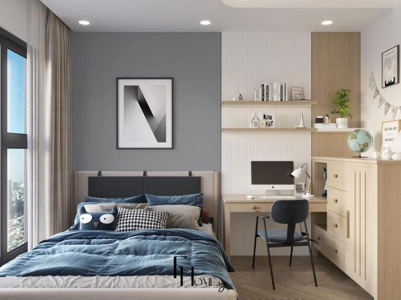 Giường ga xanh dương hướng ra cửa sổ lớn trong phòng ngủ của bé trai