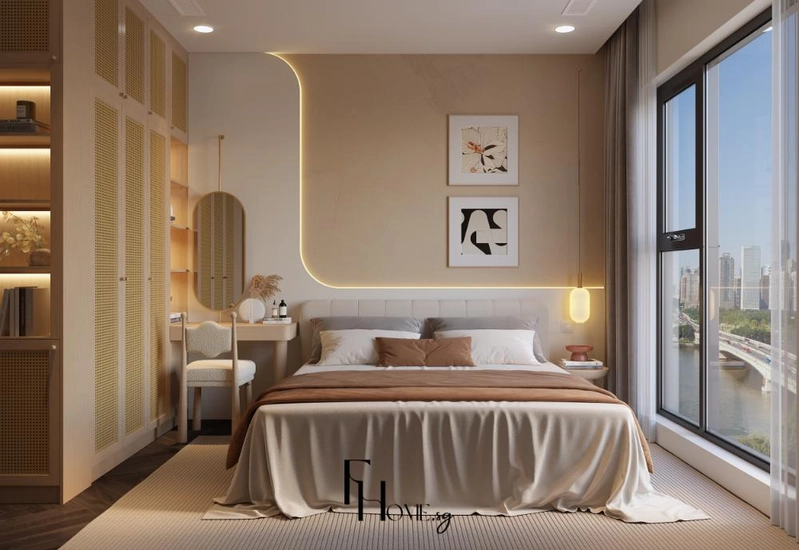 Tủ ốp lưới mây xen kệ mở và vách đầu giường hắt đèn phòng master