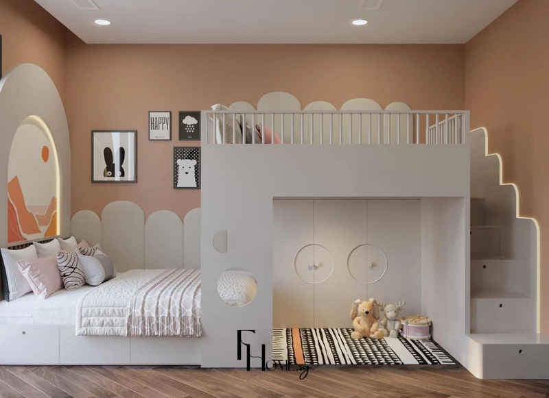 Giường tầng trắng có tủ quần áo bên dưới và bậc thang hộc kéo