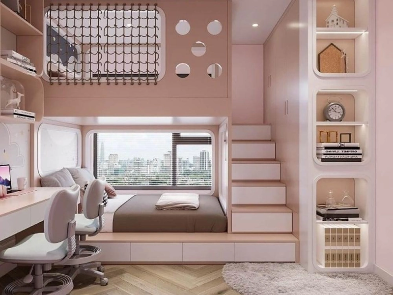 Giường tầng bé gái màu hồng pastel kết hợp trắng, mang lại cảm giác nhẹ nhàng và dễ thương