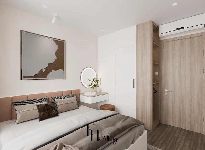 Góc trang điểm bàn treo tường với gương tròn gắn đèn cạnh đầu giường