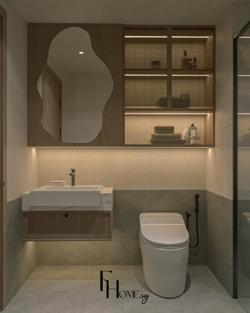 Gương cong tự do trên cánh tủ gỗ cạnh tủ lưới đan và lavabo treo