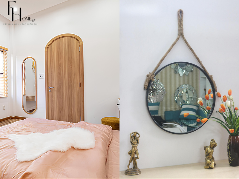 Gương tròn dây da treo cạnh giường, tủ gỗ và đồ trang trí nhỏ