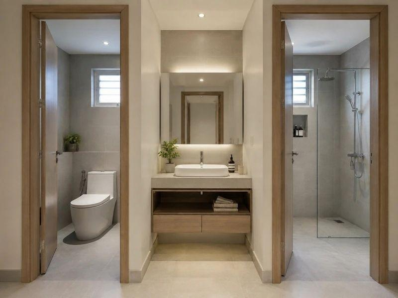 Mẫu hai phòng liền kề với lavabo chung làm vùng đệm