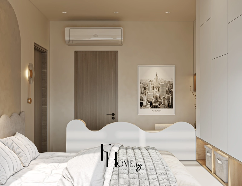 Hàng hốc gỗ đựng hộp vải dưới tủ áo cao cạnh giường bệt
