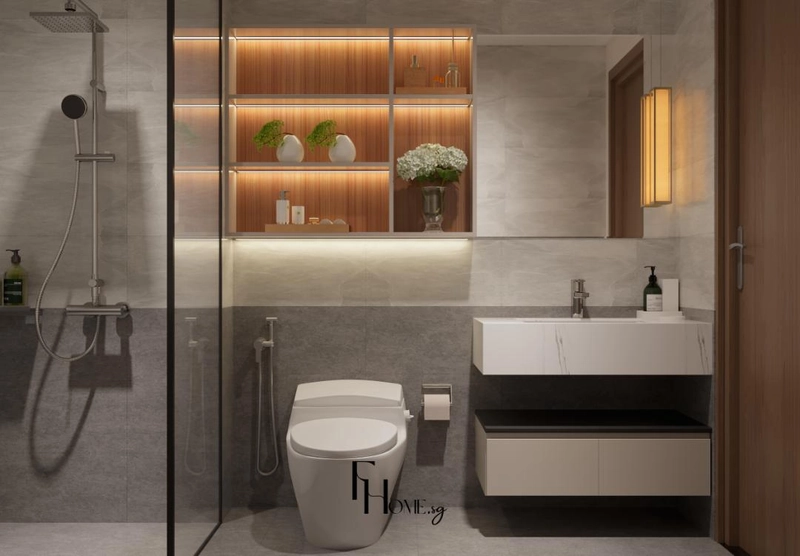 Hốc kệ có đèn hắt phía trên bồn cầu và lavabo đá trắng treo nổi