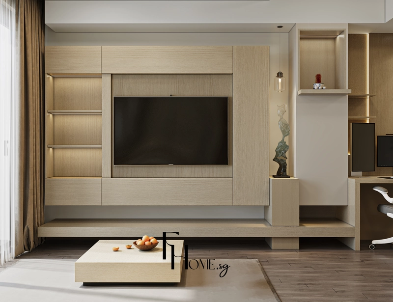 Hốc kệ có đèn LED hai bên vách tivi ốp vân sồi trong phòng khách