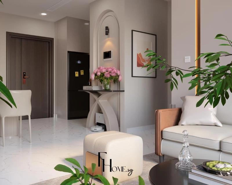 Hốc tường vòm đặt bàn console cạnh cửa ra vào của phòng khách