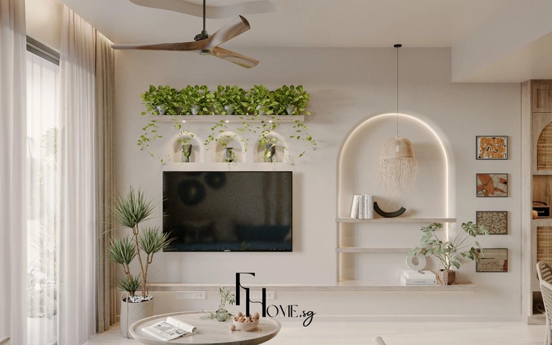 Hốc vòm có đèn hắt sáng kệ sách và đèn thả mây cạnh vách tivi