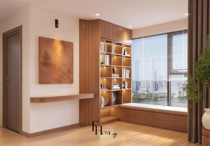 Kệ sách hốc gỗ có đèn và bục ngồi cạnh ô cửa sổ lớn