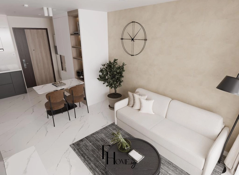 Khối tủ trắng cao sát trần cạnh lối vào và sofa màu sáng