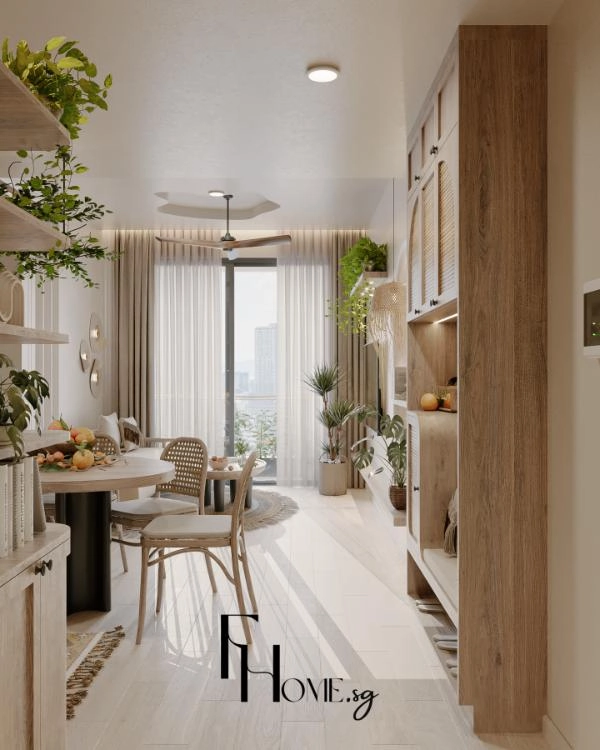 Khối tủ gỗ kịch trần cánh đan mây dọc lối đi cạnh bàn ăn