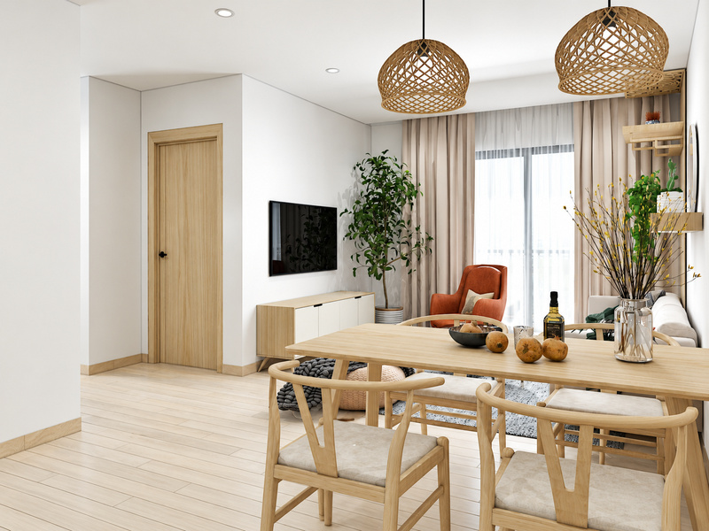 Không gian khách ăn Bắc Âu căn hộ 60m2 với đèn mây tre