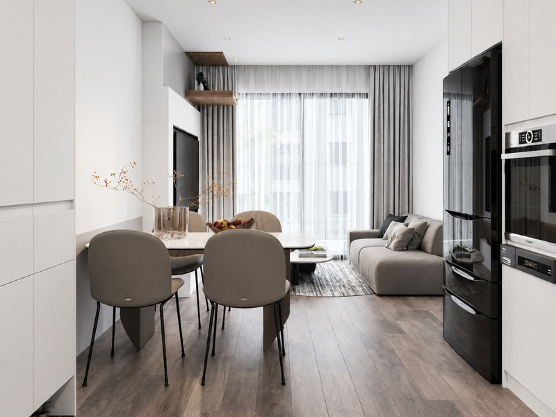 Không gian khách ăn căn hộ 60m2 một phòng ngủ liên thông