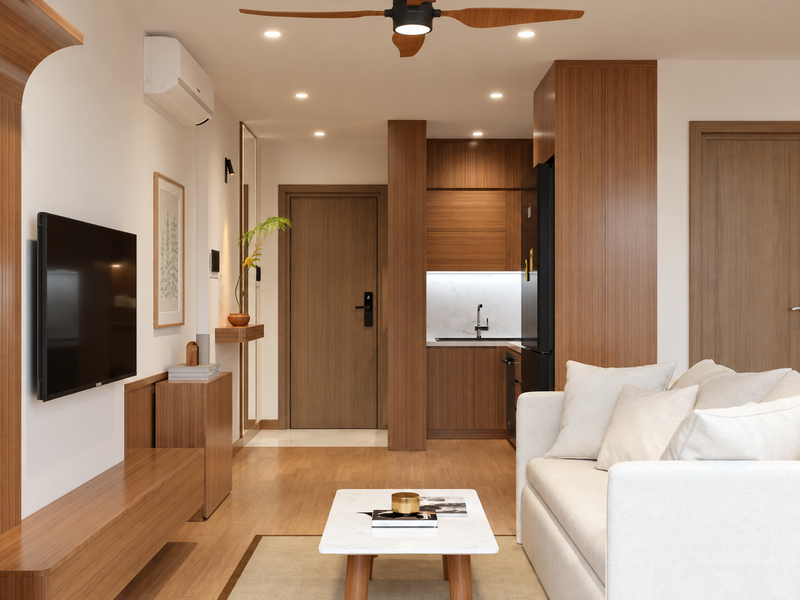 Không gian khách bếp căn hộ 60m2 phong cách Japandi
