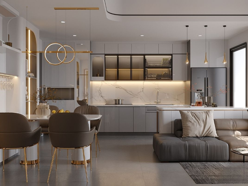 Không gian khách bếp Luxury căn hộ 60m2 với đèn trang trí