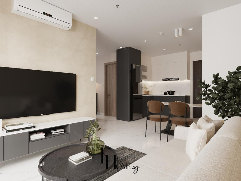 Khu sinh hoạt chung căn hộ liền với bếp và bàn ăn, không có vách ngăn