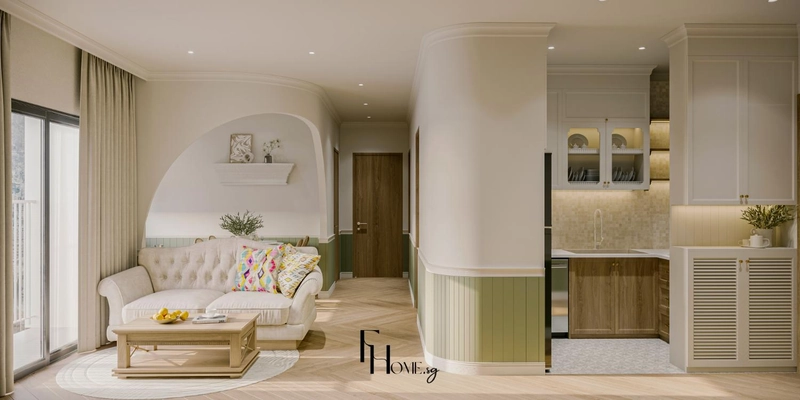 Sofa be và vách ốp xanh rêu nhạt trong khu sinh hoạt chung kiểu Farmhouse