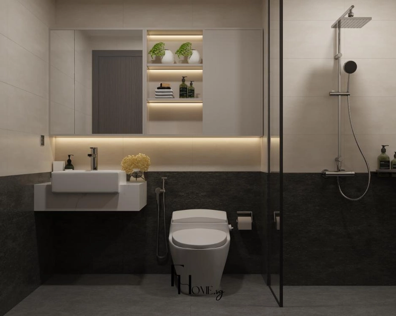 Khu tắm đứng ngăn bằng vách kính cạnh tường ốp tấm màu tối nửa dưới
