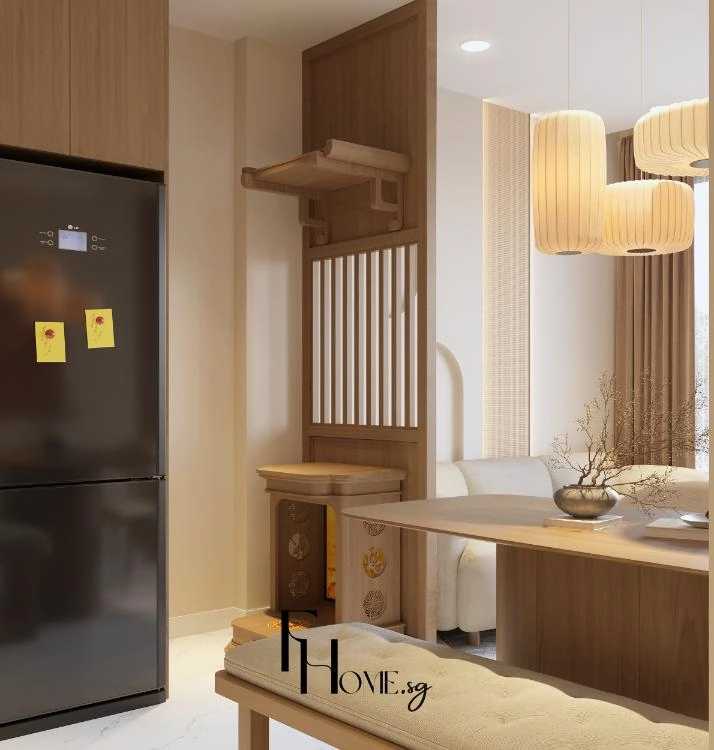 Khu thờ gỗ nằm dưới vách lam cạnh tủ lạnh và bàn ăn
