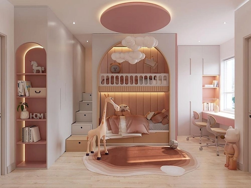 Lan can cao và thang chắc chắn đảm bảo an toàn cho bé, thêm đồ decor tạo điểm nhấn sinh động