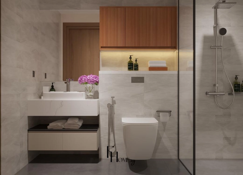 Lavabo đá trắng treo nổi cạnh bồn cầu treo tường và vách kính tắm đứng