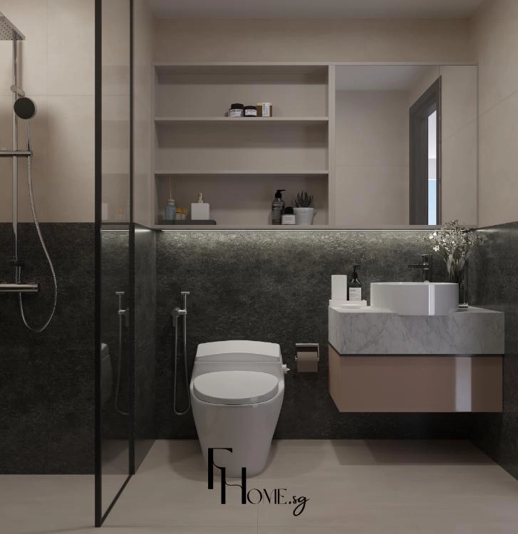 Lavabo đặt nổi trên tủ treo hồng đất cạnh vách kính tắm đứng