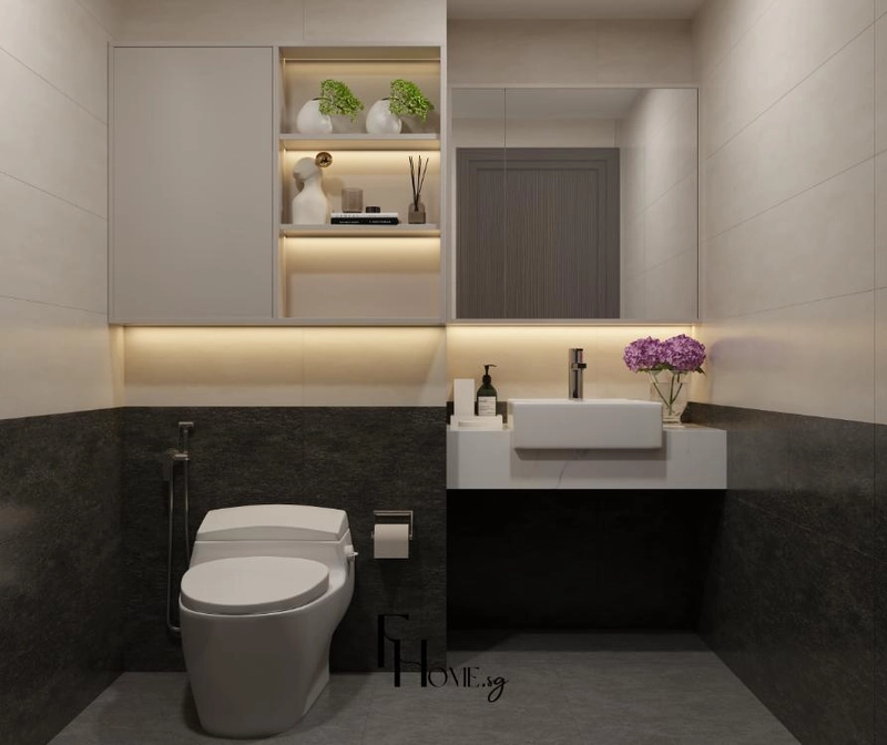 Lavabo nổi trên mặt đá dưới tủ gương có kệ hở và đèn hắt