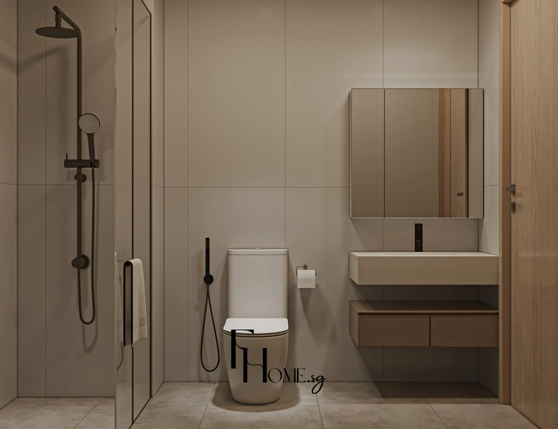 Lavabo mặt đá trên tủ gỗ treo hai ngăn kéo cạnh khu tắm đứng