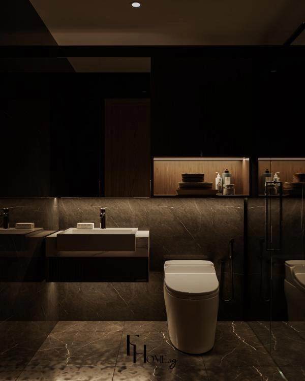 Tường sàn vân đá xám nâu với lavabo trắng và hốc kệ vân gỗ