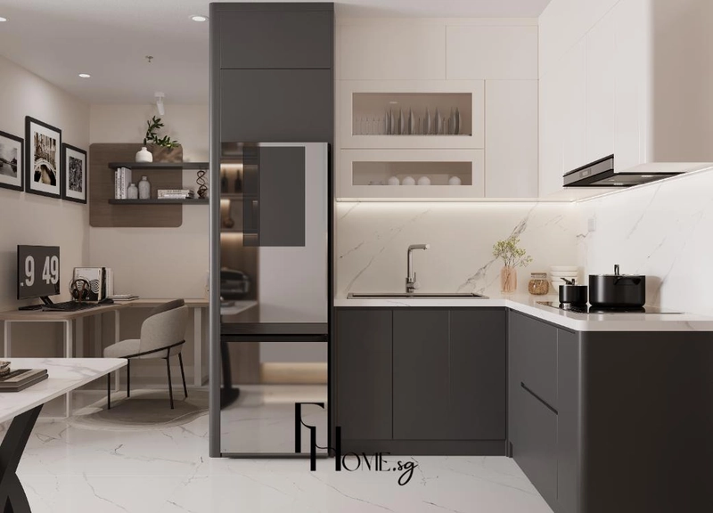Mặt bàn bếp và tường sau khu nấu ốp đá vân Calacatta liền mạch