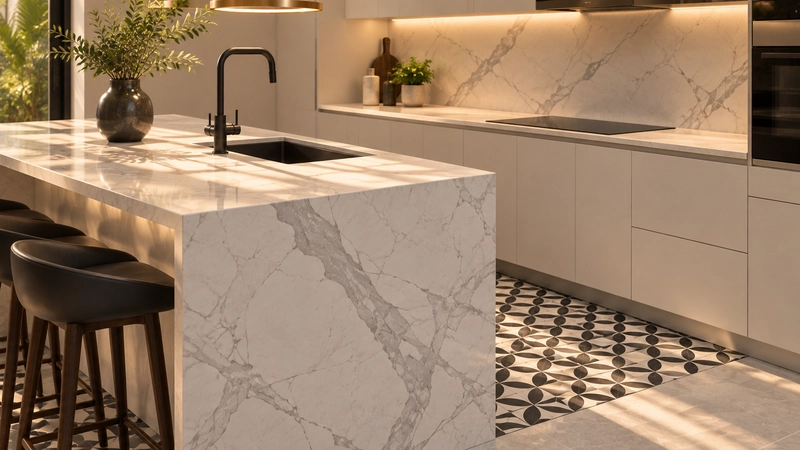 Ghế bar gỗ cạnh mặt đá marble trắng với bình hoa xanh