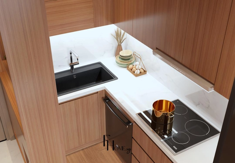Mặt đá trắng liền tường sau bếp cùng chậu rửa đen và bếp từ