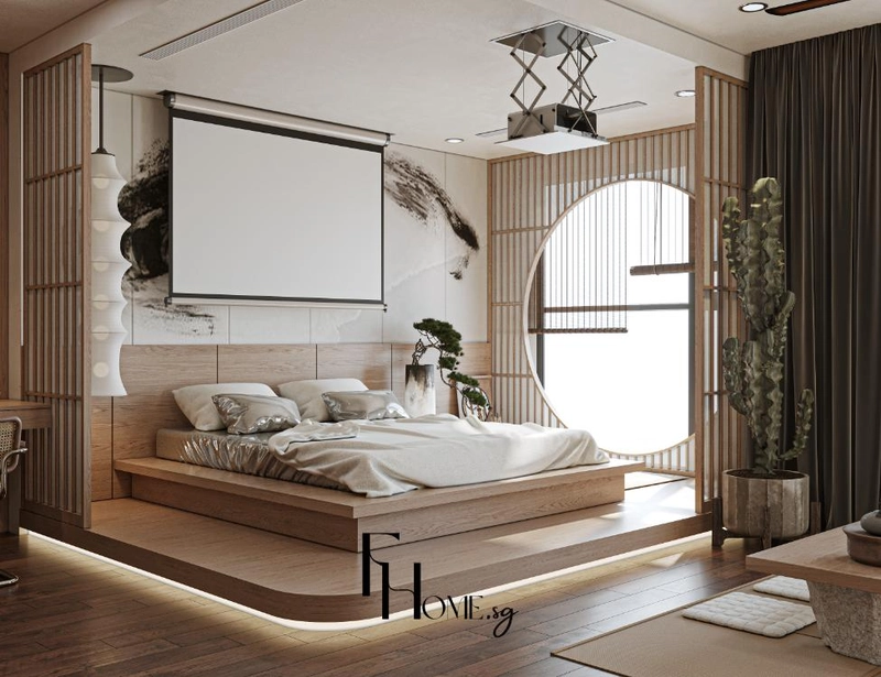 Giường bệt trên bục gỗ với màn chiếu kéo và máy chiếu nâng hạ