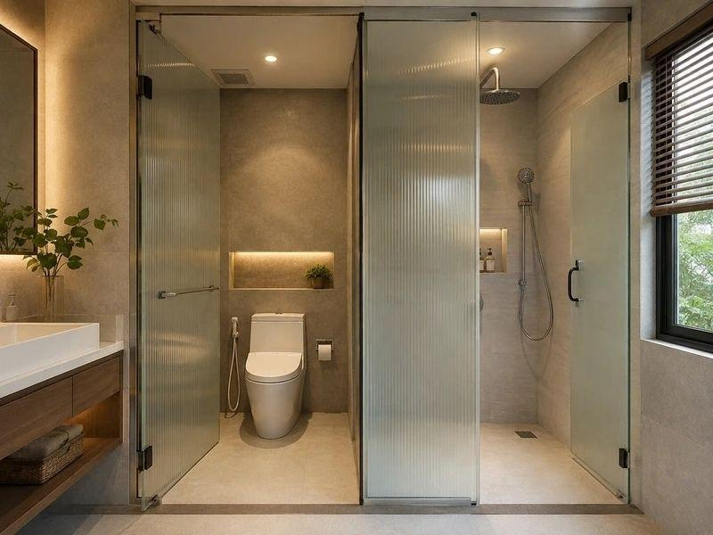 Mẫu nhà vệ sinh và khu tắm tách riêng bằng vách kính