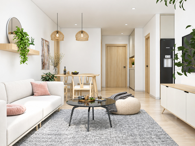 Phòng khách Bắc Âu căn hộ 60m2 với sofa trắng và bàn trà tròn