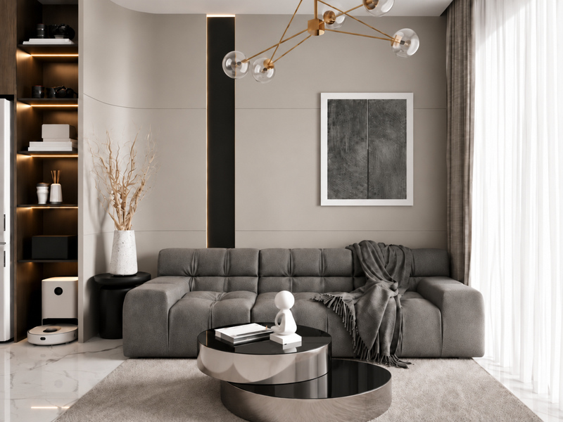 Phòng khách căn hộ 60m2 hai phòng ngủ với sofa xám