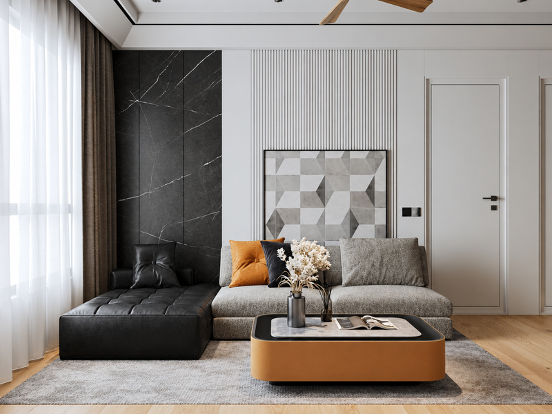 Phòng khách căn hộ 60m2 hiện đại với sofa xám cạnh cửa kính