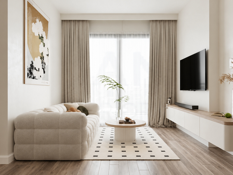 Phòng khách chung cư 60m2 sáng màu với sofa cạnh ban công