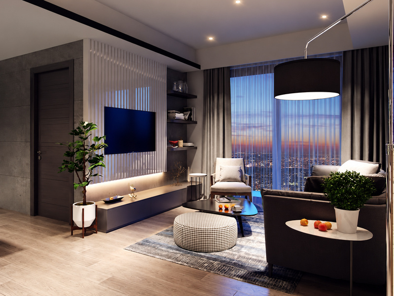 Phòng khách chung cư 60m2 với sofa góc và cửa kính nhìn thành phố