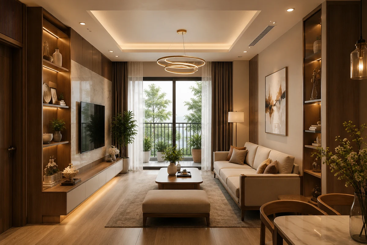 Phòng khách chung cư có vách tivi gỗ nâu, tủ trưng bày và sofa màu kem